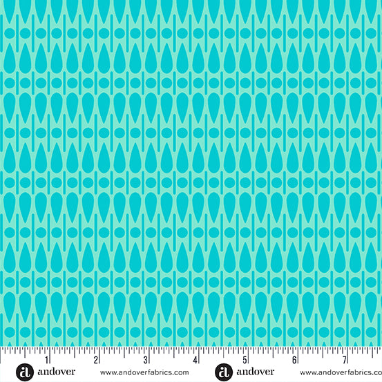 Cotton quilting fabric pattern called 'Scatter in Aqua'. Part of the 'SunPrint 2024' fabric collection. Designed by Alison Glass for fabric company Andover Fabrics. SKU: A-672-T. 44-45 inch width.