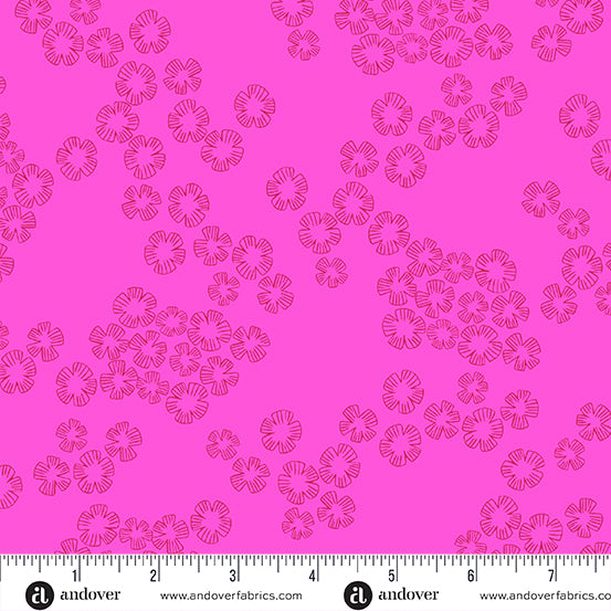 Cotton quilting fabric pattern called 'Charm in Bubblegum'. Part of the 'Color Me Pretty' fabric collection. Designed by Stephanie Organes for fabric company Andover Fabrics. SKU: A-764-E1. 44-45 inch width.