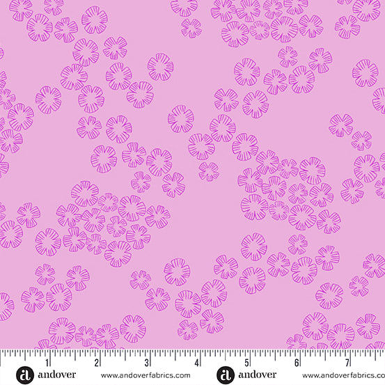 Cotton quilting fabric pattern called 'Charm in Lilac'. Part of the 'Color Me Pretty' fabric collection. Designed by Stephanie Organes for fabric company Andover Fabrics. SKU: A-764-P1. 44-45 inch width.