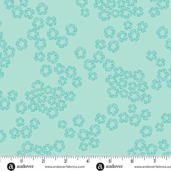 Cotton quilting fabric pattern called 'Charm in Aqua'. Part of the 'Color Me Pretty' fabric collection. Designed by Stephanie Organes for fabric company Andover Fabrics. SKU: A-764-T. 44-45 inch width.