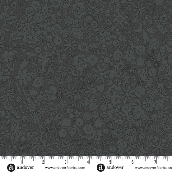 Cotton quilting fabric pattern called 'Woodland in Charcoal'. Part of the 'SunPrint 2024' fabric collection. Designed by Alison Glass for fabric company Andover Fabrics. SKU: A-790-K. 44-45 inch width.