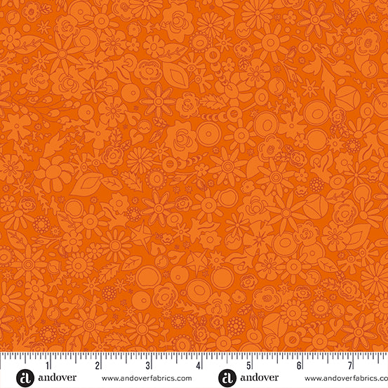 Cotton quilting fabric pattern called 'Woodland in Tangerine'. Part of the 'SunPrint 2024' fabric collection. Designed by Alison Glass for fabric company Andover Fabrics. SKU: A-790-O. 44-45 inch width.