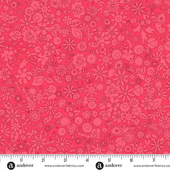 Cotton quilting fabric pattern called 'Woodland in Strawberry'. Part of the 'SunPrint 2024' fabric collection. Designed by Alison Glass for fabric company Andover Fabrics. SKU: A-790-R. 44-45 inch width.