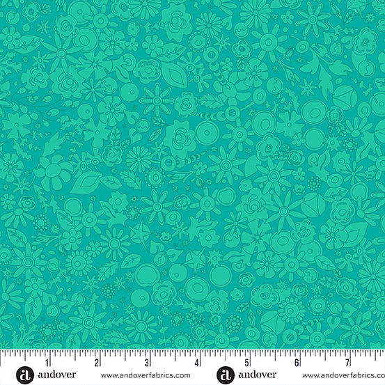 Cotton quilting fabric pattern called 'Woodland in Teal'. Part of the 'SunPrint 2024' fabric collection. Designed by Alison Glass for fabric company Andover Fabrics. SKU: A-790-T. 44-45 inch width.