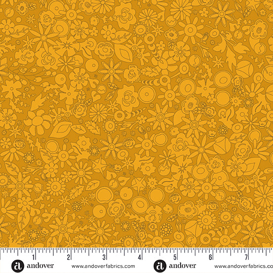 Cotton quilting fabric pattern called 'Woodland in Golden'. Part of the 'SunPrint 2024' fabric collection. Designed by Alison Glass for fabric company Andover Fabrics. SKU: A-790-Y. 44-45 inch width.