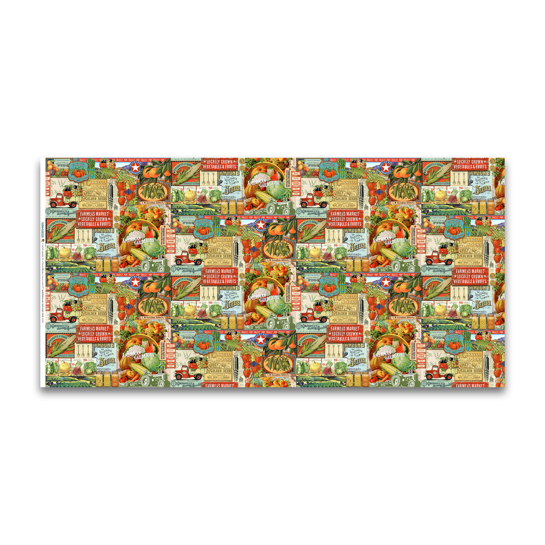 Cotton quilting fabric pattern called 'Collage in Garden'. Part of the 'Farm and Garden' fabric collection. Designed by Cathe Holden for fabric company MODA. SKU: 2034707. 44-45 inch width.