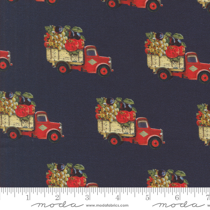 Cotton quilting fabric pattern called 'Farm to Market in Indigo'. Part of the 'Farm and Garden' fabric collection. Designed by Cathe Holden for fabric company MODA. SKU: 7475 16. 44-45 inch width.