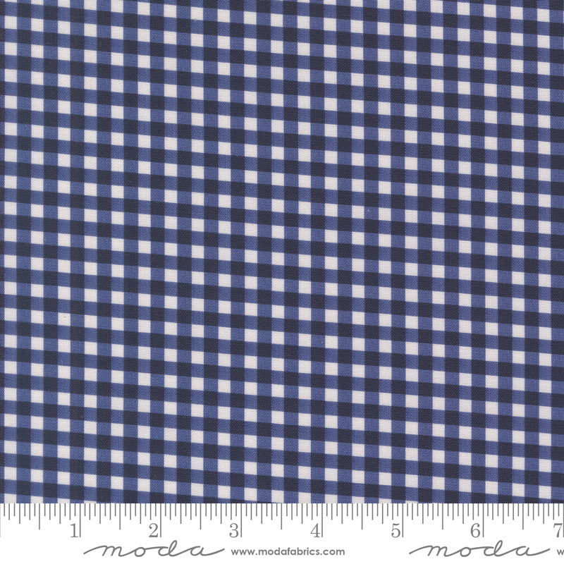 Cotton quilting fabric pattern called 'Gingham in Indigo'. Part of the 'Farm and Garden' fabric collection. Designed by Cathe Holden for fabric company MODA. SKU: 7480 16. 44-45 inch width.