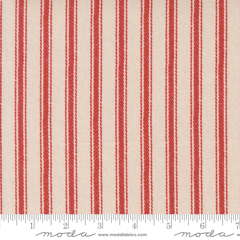 Cotton quilting fabric pattern called 'Stripe Cotton Canvas in Tomato'. Part of the 'Farm and Garden' fabric collection. Designed by Cathe Holden for fabric company MODA. SKU: 7483 14C. 44-45 inch width.