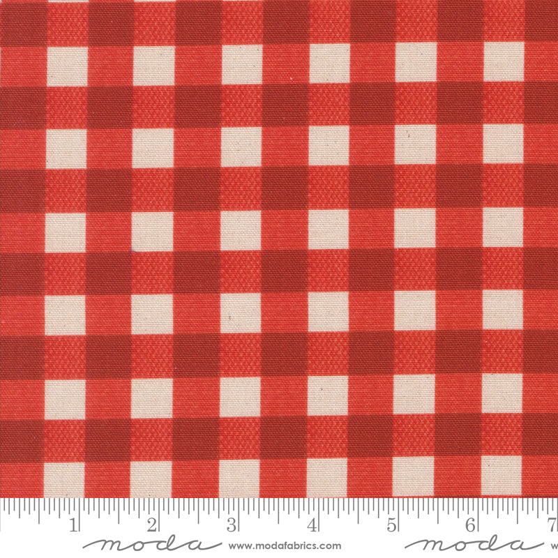 Cotton Canvas quilting fabric pattern called 'Gingham Cotton Canvas in Tomato'. Part of the 'Farm and Garden' fabric collection. Designed by Cathe Holden for the MODA fabric company. SKU: 7484 14C. 44-45 inch width.