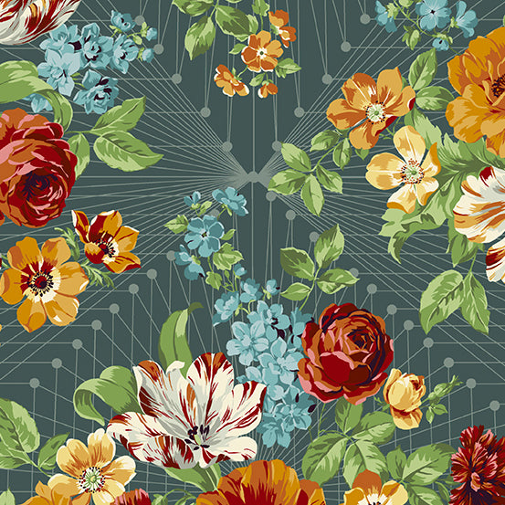 Cotton quilting fabric pattern called 'Francesca in Mediterraneo'. Part of the 'Natale' fabric collection. Designed by Giucy Giuce for fabric company Andover Fabrics. SKU: A-9872-B. 44-45 inch width.