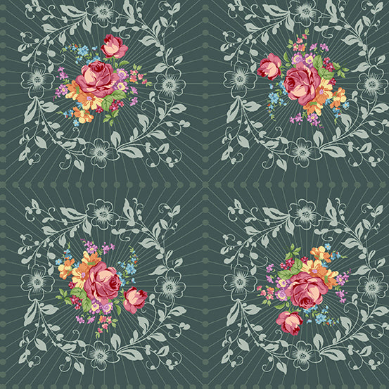 Cotton quilting fabric pattern called 'Wreath in Slate'. Part of the 'Nonna' fabric collection. Designed by Giucy Giuce for fabric company Andover Fabrics. SKU: A-9873-B. 44-45 inch width.