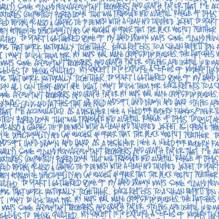 Cotton quilting fabric pattern called 'Writing in Blueprint'. Part of the 'Architextures' fabric collection. Designed by Carolyn Friedlander for fabric company Robert Kaufman . SKU: AFR-13501-387. 44-45 inch width.