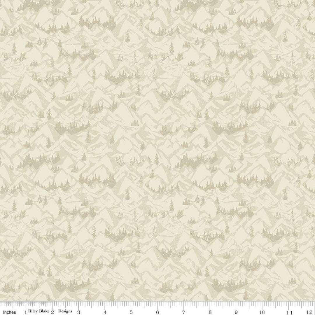 Cotton quilting fabric pattern called 'Mountains in Cream'. Part of the 'Legends of the National Parks' fabric collection. Designed by Anderson Design Group for fabric company Riley Blake. SKU: C13284-CREAM. 44-45 inch width.