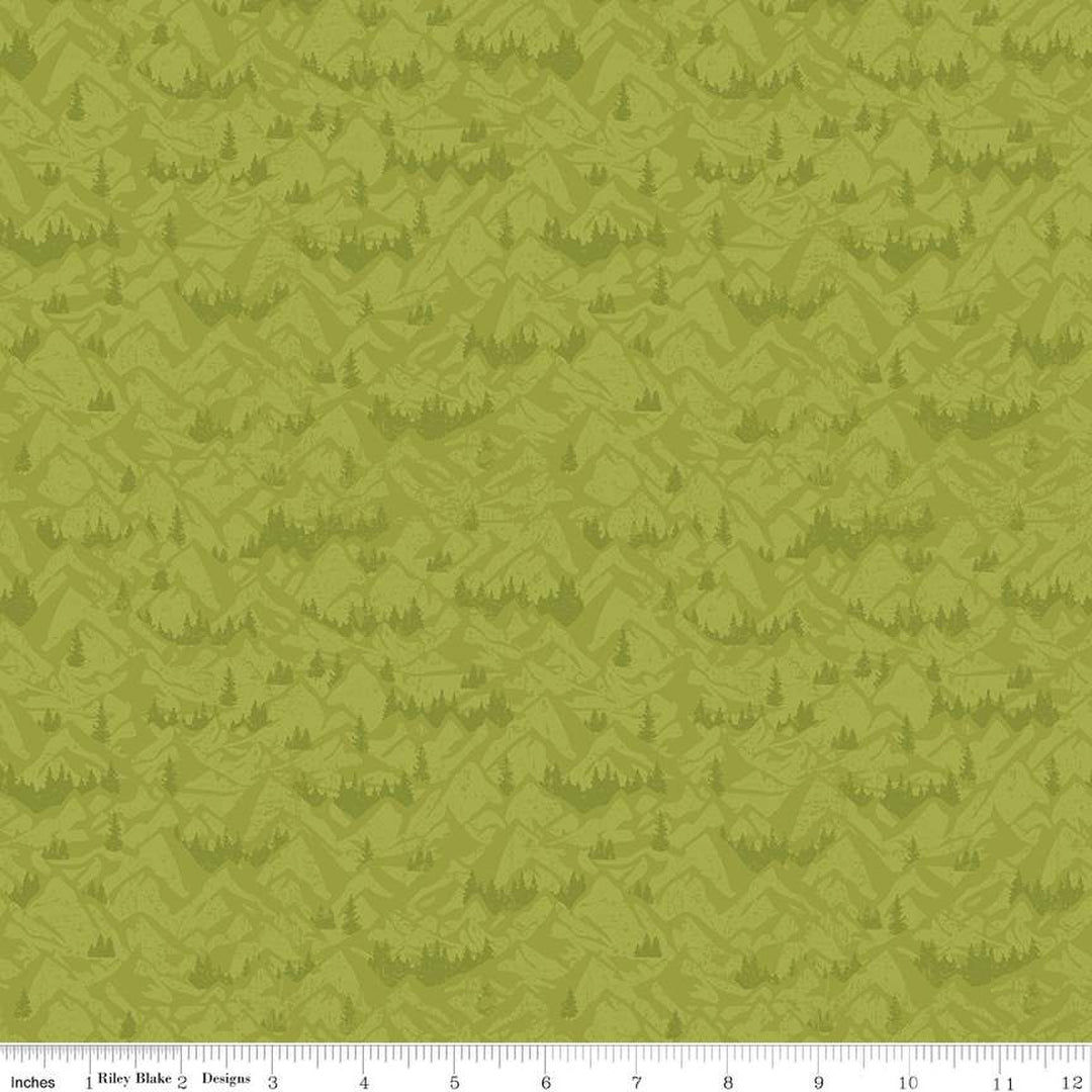 Cotton quilting fabric pattern called 'Mountains in Lime'. Part of the 'Legends of the National Parks' fabric collection. Designed by Anderson Design Group for fabric company Riley Blake. SKU: C13284-LIME. 44-45 inch width.