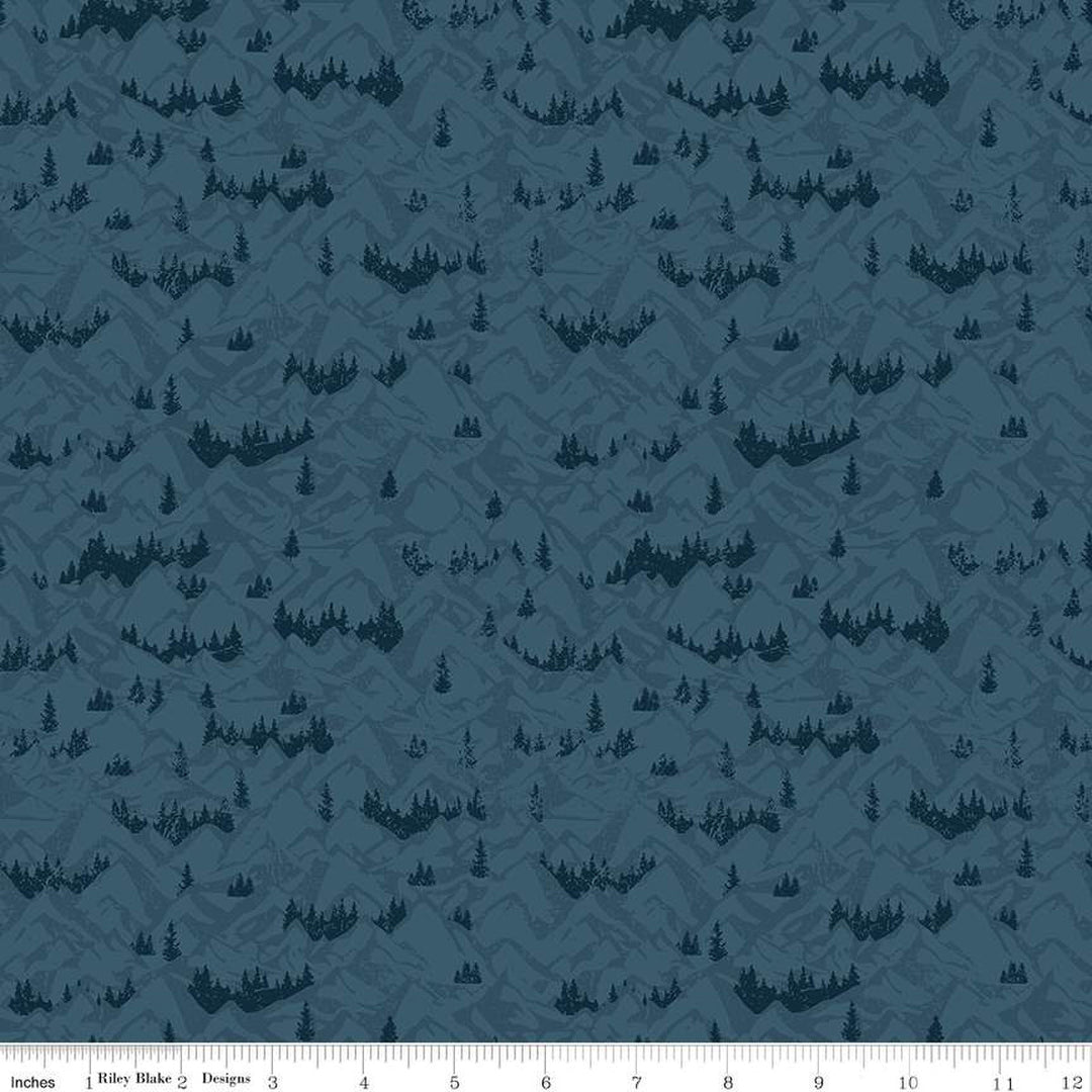 Cotton quilting fabric pattern called 'Mountains in Navy'. Part of the 'Legends of the National Parks' fabric collection. Designed by Anderson Design Group for fabric company Riley Blake. SKU: C13284-NAVY. 44-45 inch width.