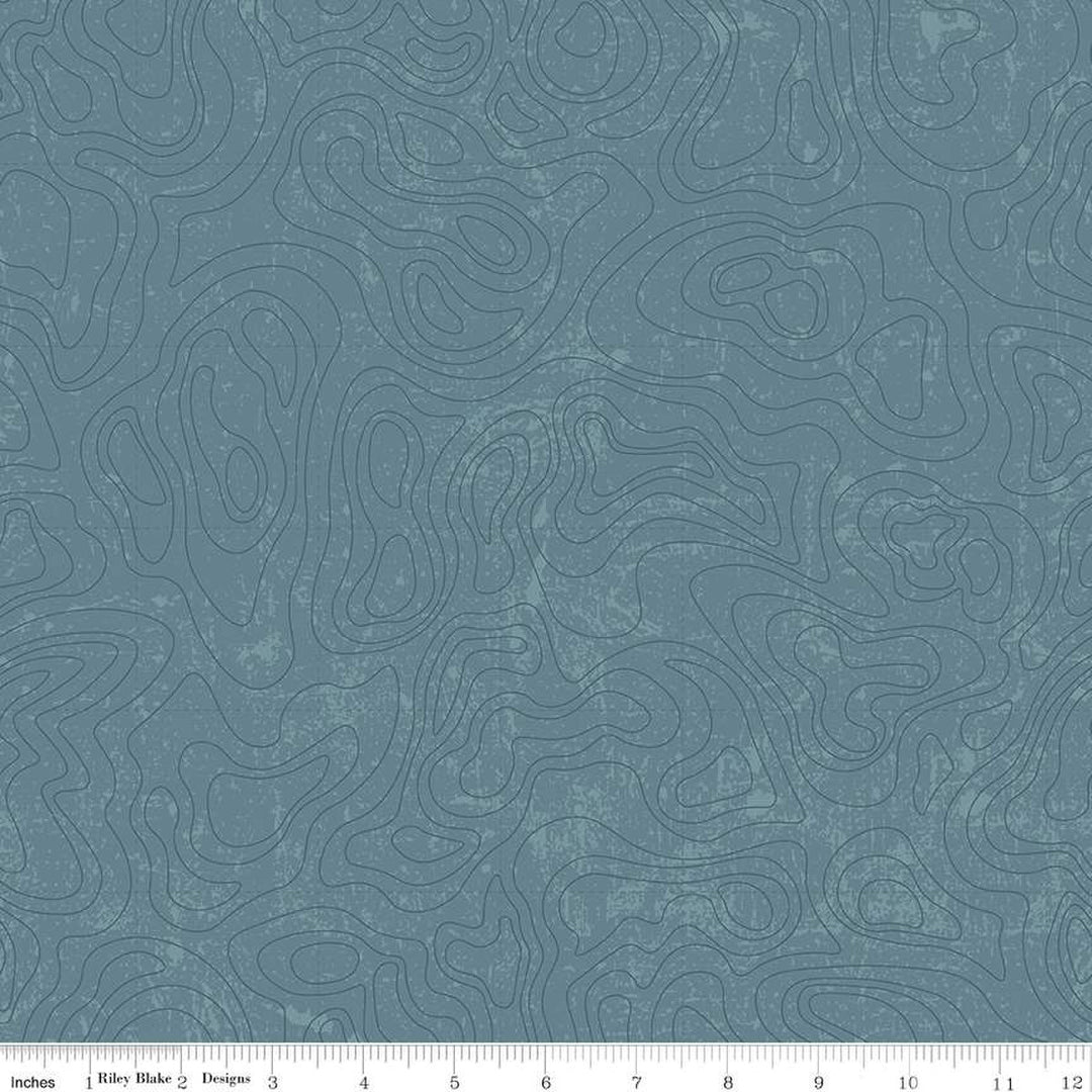 Cotton quilting fabric pattern called 'Topographic in Blue'. Part of the 'National Parks' fabric collection. Designed by Anderson Design Group for fabric company Riley Blake. SKU: C13293-BLUE. 44-45 inch width.