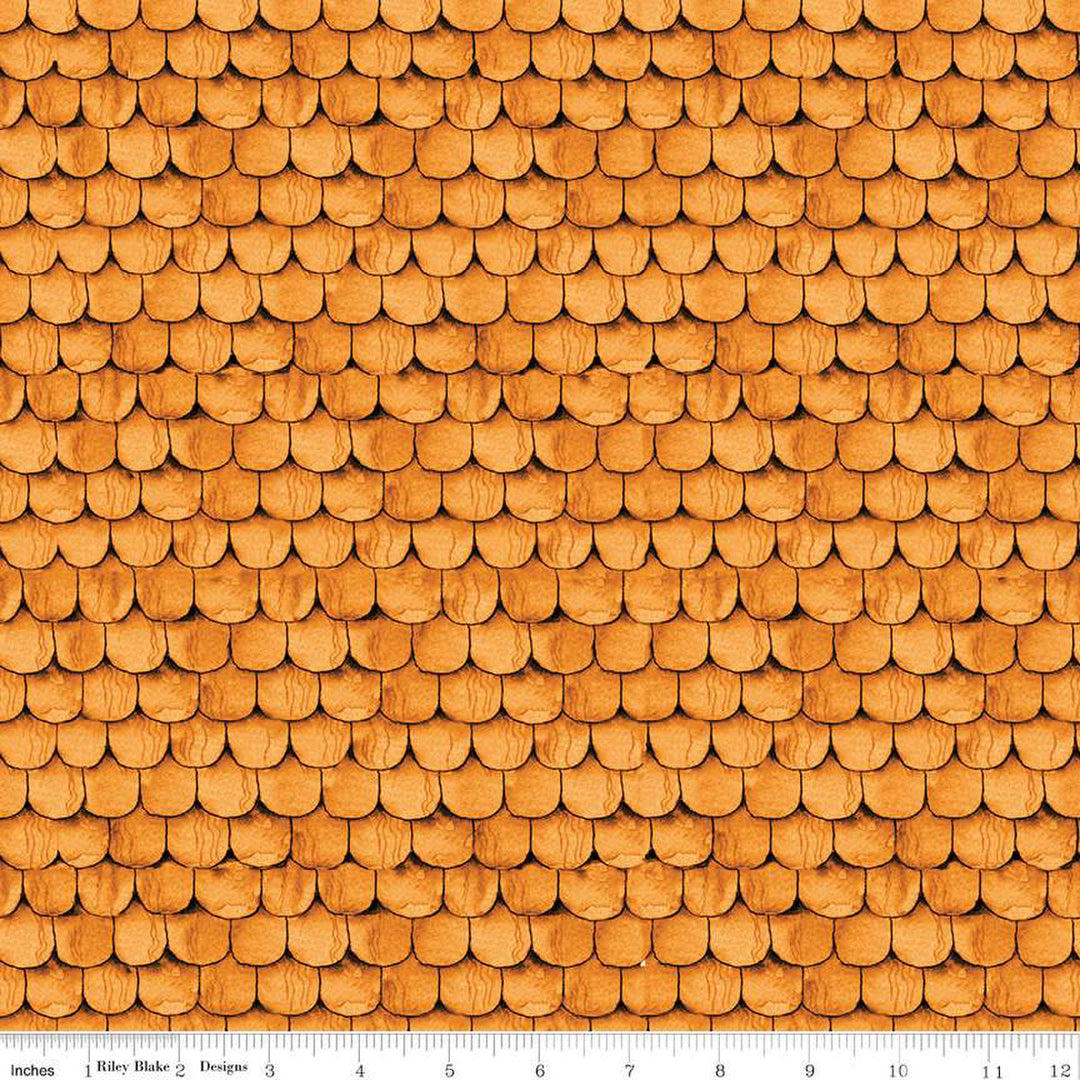 Cotton quilting fabric pattern called 'Raise the Rooftop Orange'. Part of the 'Pumpkin Patch' fabric collection. Designed by Janet Wecker-Frisch for fabric company Riley Blake Designs. SKU: C14577R-ORANGE. 44-45 inch width.