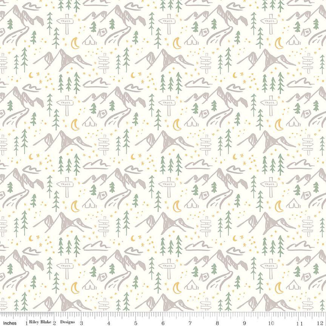 Cotton quilting fabric pattern called 'Mountains in Cream'. Part of the 'Albion' fabric collection. Designed by Amy Smart for fabric company Riley Blake. SKU: C14592-CREAM. 44-45 inch width.