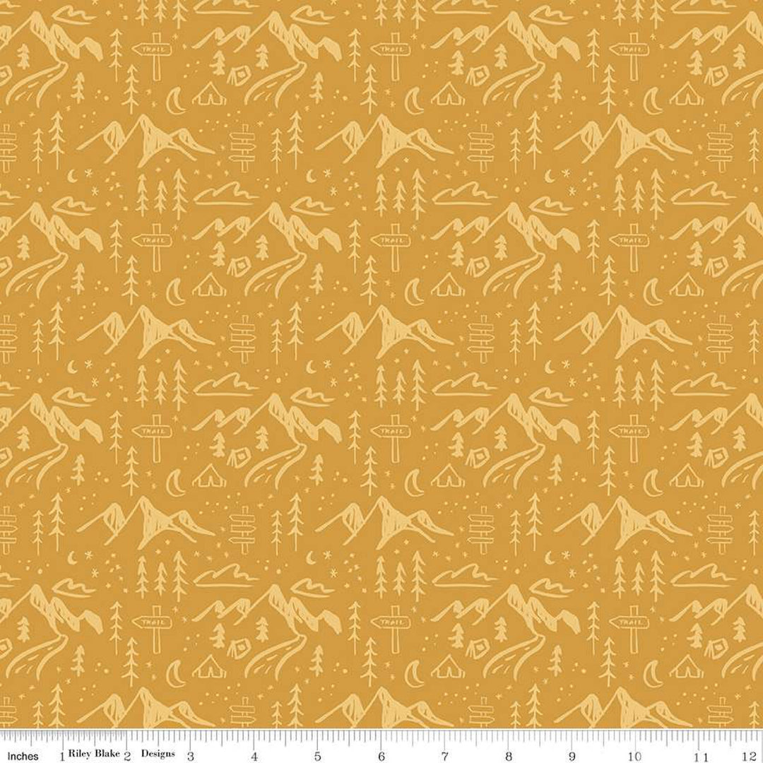 Cotton quilting fabric pattern called 'Mountains in Gold'. Part of the 'Albion' fabric collection. Designed by Amy Smart for fabric company Riley Blake. SKU: C14592-GOLD. 44-45 inch width.