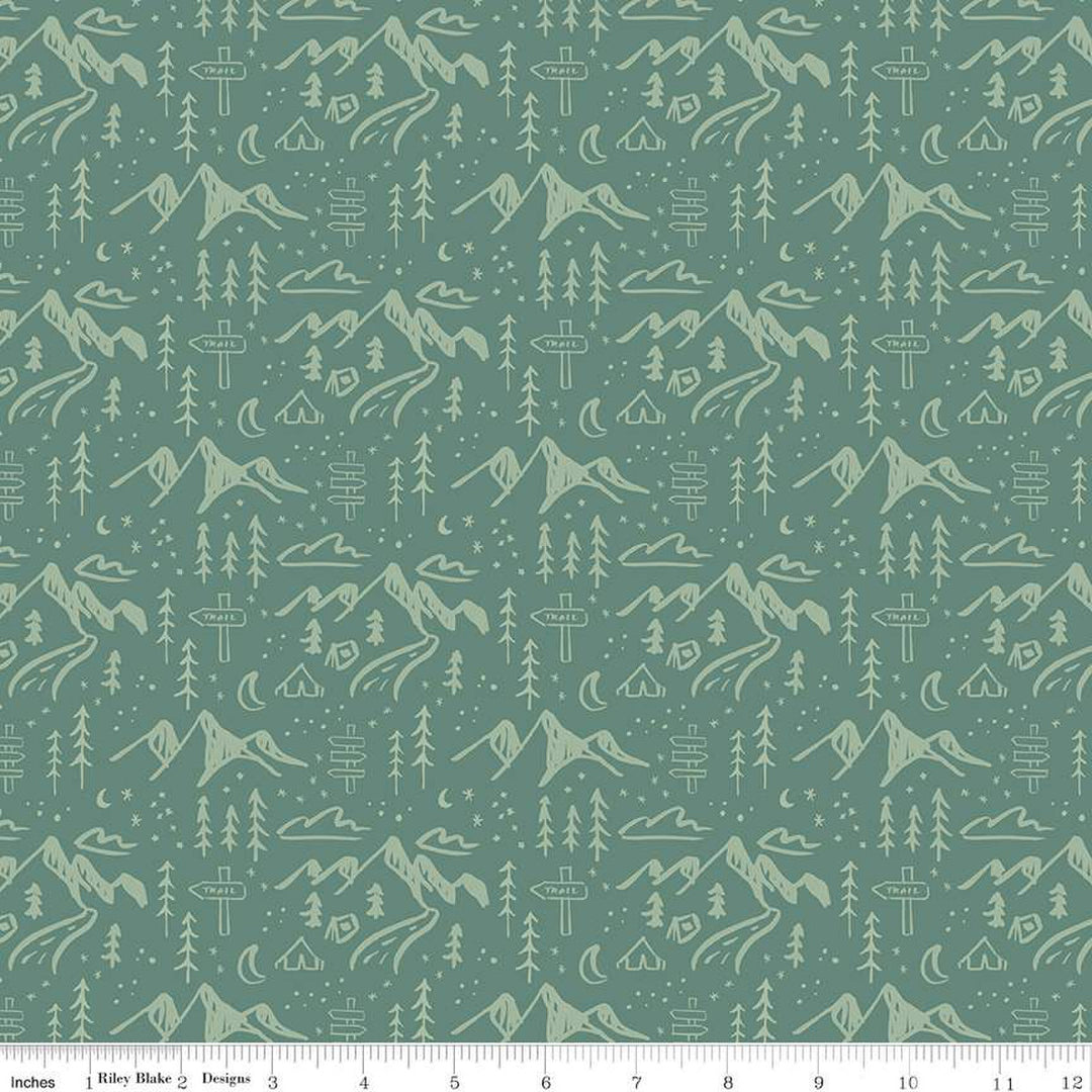 Cotton quilting fabric pattern called 'Mountains in Green'. Part of the 'Albion' fabric collection. Designed by Amy Smart for fabric company Riley Blake. SKU: C14592-GREEN. 44-45 inch width.