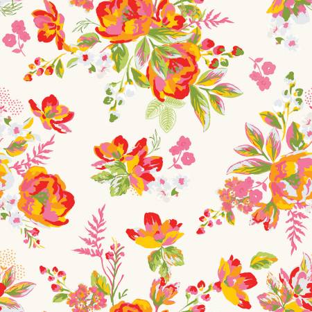 Cotton quilting fabric pattern called 'Picnic Florals Main in Cream'. Part of the 'Picnic Florals' fabric collection. Designed by My Minds Eye for fabric company Riley Blake Designs. SKU: C14610R-CREAM. 44-45 inch width.