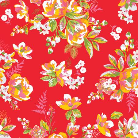 Cotton quilting fabric pattern called 'Picnic Florals Main in Red'. Part of the 'Picnic Florals' fabric collection. Designed by My Minds Eye for fabric company Riley Blake Designs. SKU: C14610R-RED. 44-45 inch width.