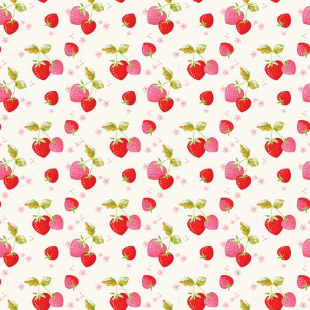 Cotton quilting fabric pattern called 'Picnic Florals Strawberries in Cream'. Part of the 'Picnic Florals' fabric collection. Designed by My Minds Eye for fabric company Riley Blake Designs. SKU: C14612R-CREAM. 44-45 inch width.