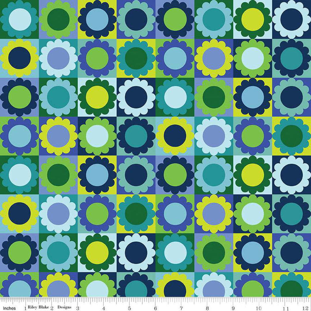 Cotton quilting fabric pattern called 'Flower Pie in Blueberry'. Part of the 'Albion' fabric collection. Designed by Julia Frazier for fabric company Riley Blake. SKU: C14681-BLUEBERRY. 44-45 inch width.