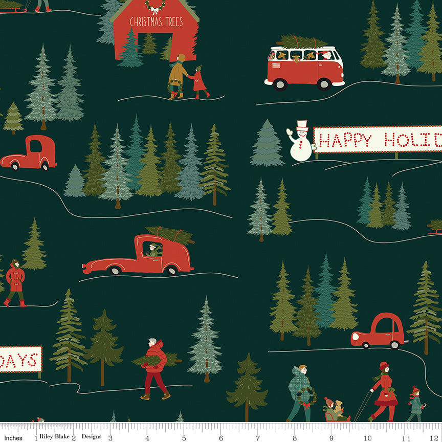 Cotton quilting fabric pattern called 'Main in Forest'. Part of the 'Christmas is in Town' fabric collection. Designed by Sandy Gervais for fabric company Riley Blake. SKU: C14740-FOREST. 44-45 inch width.