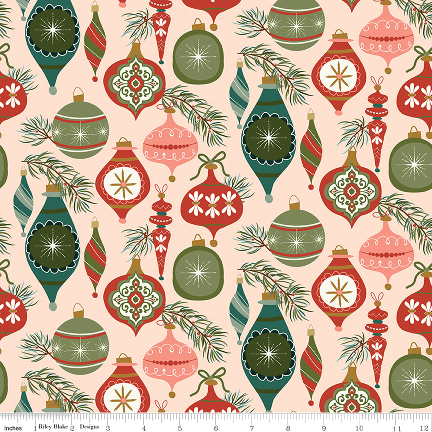 Cotton quilting fabric pattern called 'Ornaments in Blush'. Part of the 'Christmas is in Town' fabric collection. Designed by Sandy Gervais for fabric company Riley Blake. SKU: C14741-BLUSH. 44-45 inch width.