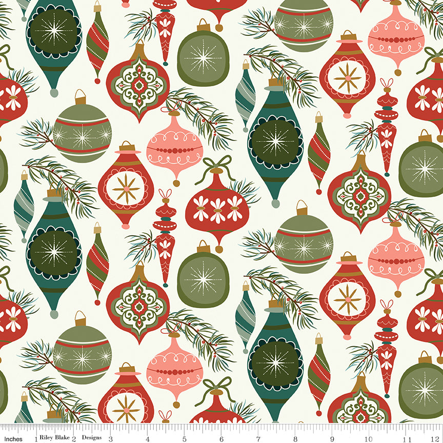 Cotton quilting fabric pattern called 'Ornaments in Cream'. Part of the 'Christmas is in Town' fabric collection. Designed by Sandy Gervais for fabric company Riley Blake. SKU: C14741-CREAM. 44-45 inch width.