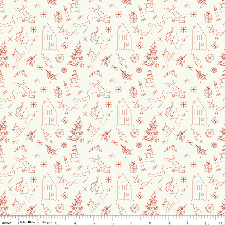 Cotton quilting fabric pattern called 'Doodles in Cream'. Part of the 'Christmas is in Town' fabric collection. Designed by Sandy Gervais for fabric company Riley Blake. SKU: C14742-CREAM. 44-45 inch width.