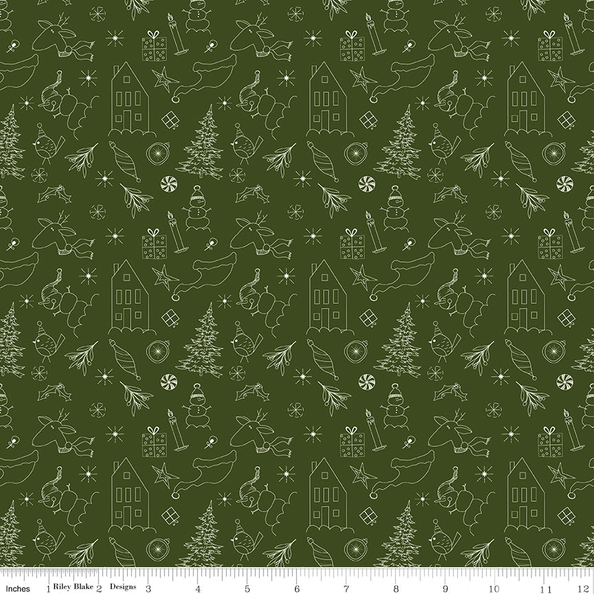 Cotton quilting fabric pattern called 'Doodles in Dark Green'. Part of the 'Christmas is in Town' fabric collection. Designed by Sandy Gervais for fabric company Riley Blake. SKU: C14742-DKGREEN. 44-45 inch width.