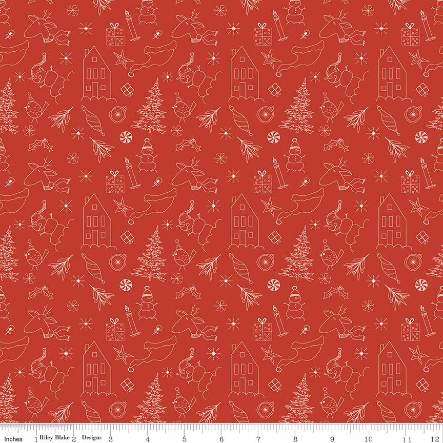 Cotton quilting fabric pattern called 'Doodles in Red'. Part of the 'Christmas is in Town' fabric collection. Designed by Sandy Gervais for fabric company Riley Blake. SKU: C14742-RED. 44-45 inch width.