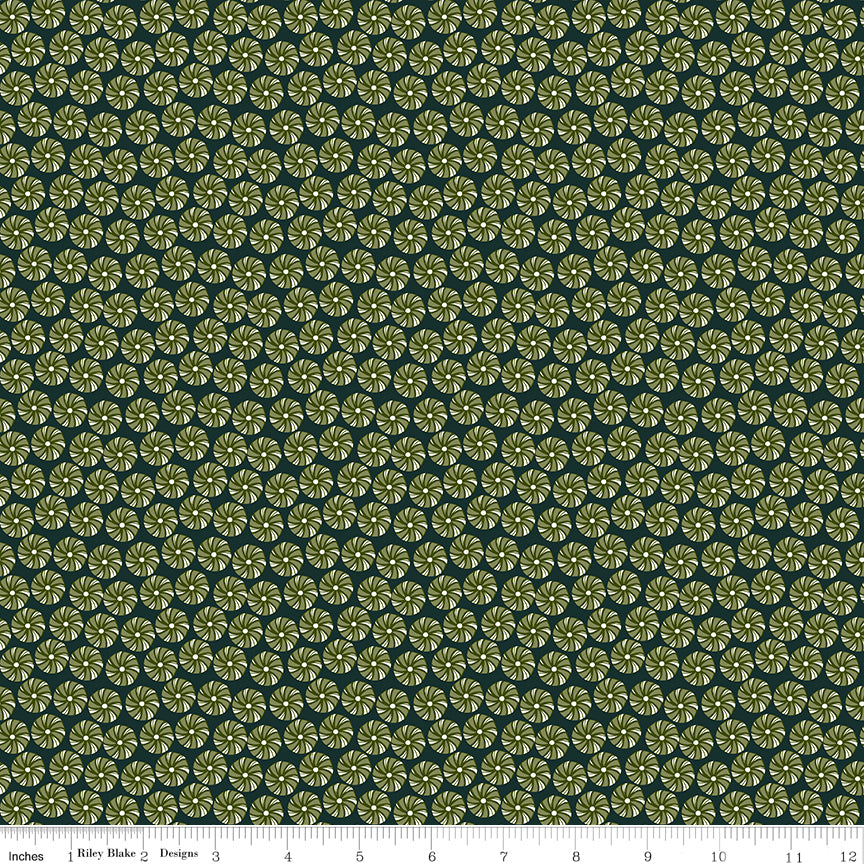 Cotton quilting fabric pattern called 'Peppermints in Forest'. Part of the 'Christmas is in Town' fabric collection. Designed by Sandy Gervais for fabric company Riley Blake. SKU: C14743-FOREST. 44-45 inch width.