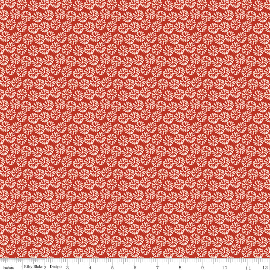 Cotton quilting fabric pattern called 'Peppermints in Red'. Part of the 'Christmas is in Town' fabric collection. Designed by Sandy Gervais for fabric company Riley Blake. SKU: C14743-RED. 44-45 inch width.