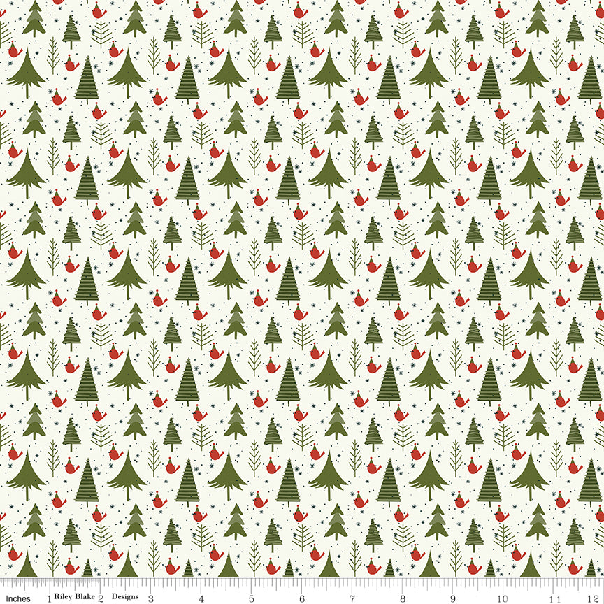 Cotton quilting fabric pattern called 'Trees in Cream'. Part of the 'Christmas is in Town' fabric collection. Designed by Sandy Gervais for fabric company Riley Blake. SKU: C14744-CREAM. 44-45 inch width.