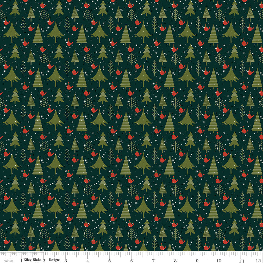 Cotton quilting fabric pattern called 'Trees in Forest'. Part of the 'Christmas is in Town' fabric collection. Designed by Sandy Gervais for fabric company Riley Blake. SKU: C14744-FOREST. 44-45 inch width.