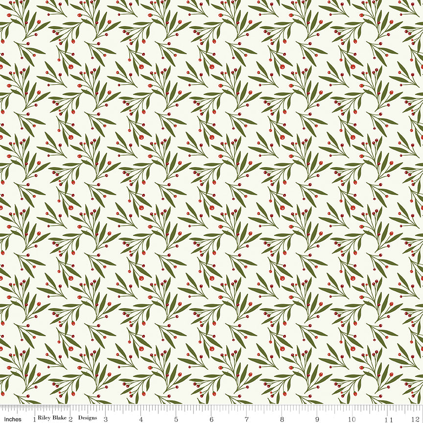 Cotton quilting fabric pattern called 'Mistletoe in Cream'. Part of the 'Christmas is in Town' fabric collection. Designed by Sandy Gervais for fabric company Riley Blake. SKU: C14745-CREAM. 44-45 inch width.