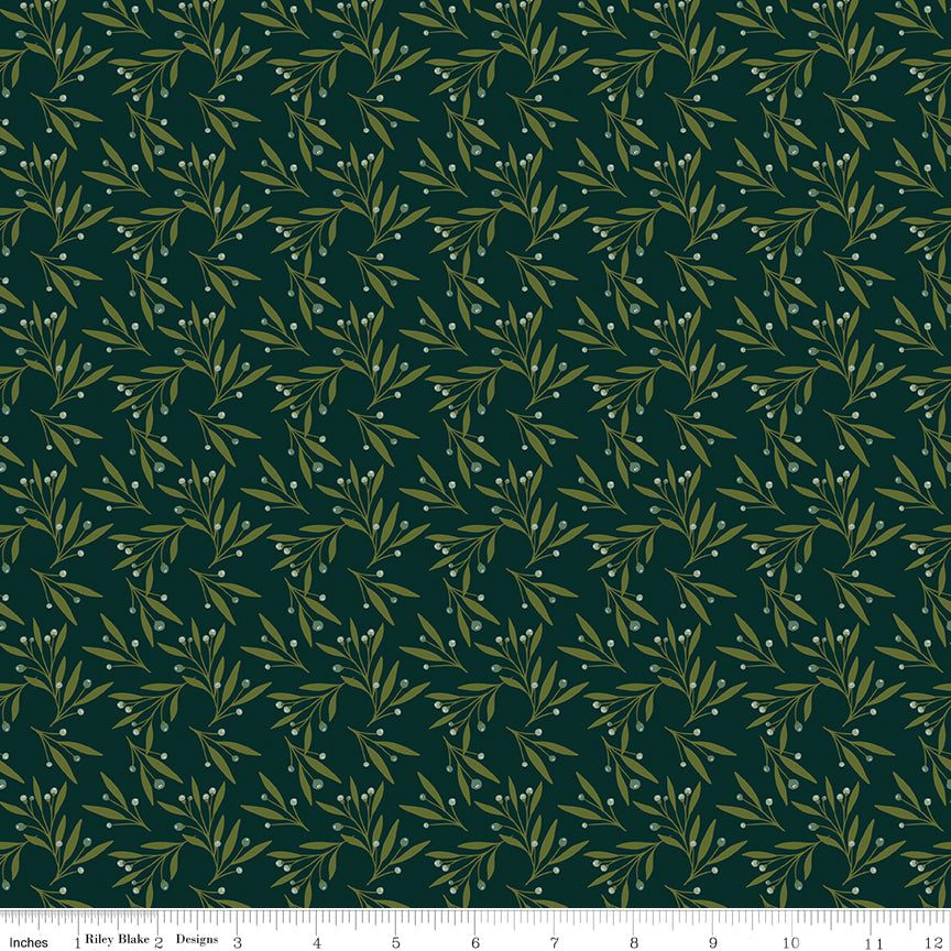 Cotton quilting fabric pattern called 'Mistletoe in Forest'. Part of the 'Christmas is in Town' fabric collection. Designed by Sandy Gervais for fabric company Riley Blake. SKU: C14745-FOREST. 44-45 inch width.