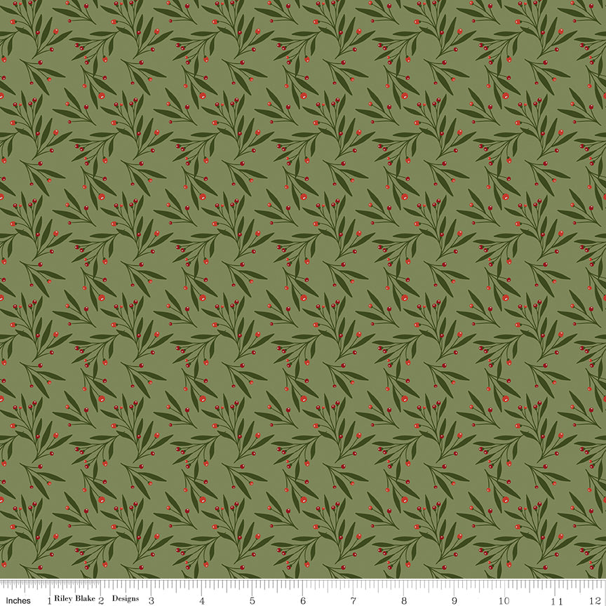 Cotton quilting fabric pattern called 'Mistletoe in Olive'. Part of the 'Christmas is in Town' fabric collection. Designed by Sandy Gervais for fabric company Riley Blake. SKU: C14745-OLIVE. 44-45 inch width.