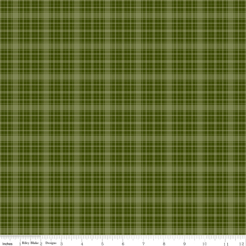 Cotton quilting fabric pattern called 'Plaid in Green'. Part of the 'Christmas is in Town' fabric collection. Designed by Sandy Gervais for fabric company Riley Blake. SKU: C14746-GREEN. 44-45 inch width.