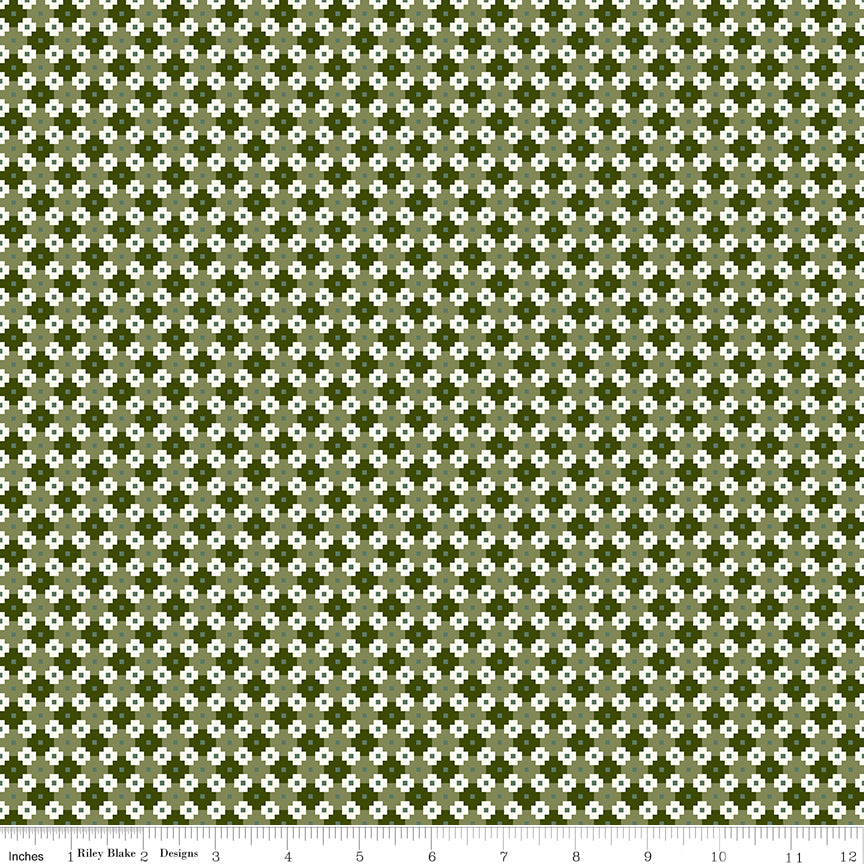 Cotton quilting fabric pattern called 'Geo in Green'. Part of the 'Christmas is in Town' fabric collection. Designed by Sandy Gervais for fabric company Riley Blake. SKU: C14748-GREEN. 44-45 inch width.