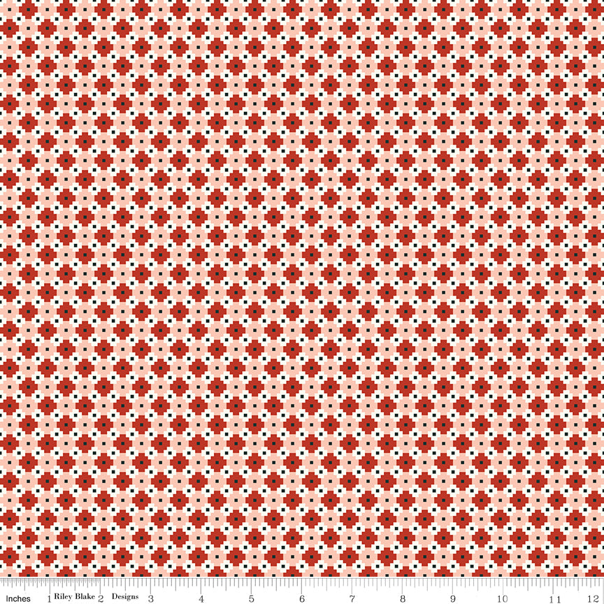 Cotton quilting fabric pattern called 'Geo in Red'. Part of the 'Christmas is in Town' fabric collection. Designed by Sandy Gervais for fabric company Riley Blake. SKU: C14748-RED. 44-45 inch width.