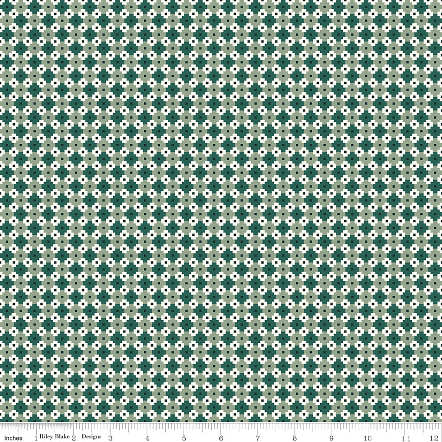 Cotton quilting fabric pattern called 'Geo in Teal'. Part of the 'Christmas is in Town' fabric collection. Designed by Sandy Gervais for fabric company Riley Blake. SKU: C14748-TEAL. 44-45 inch width.