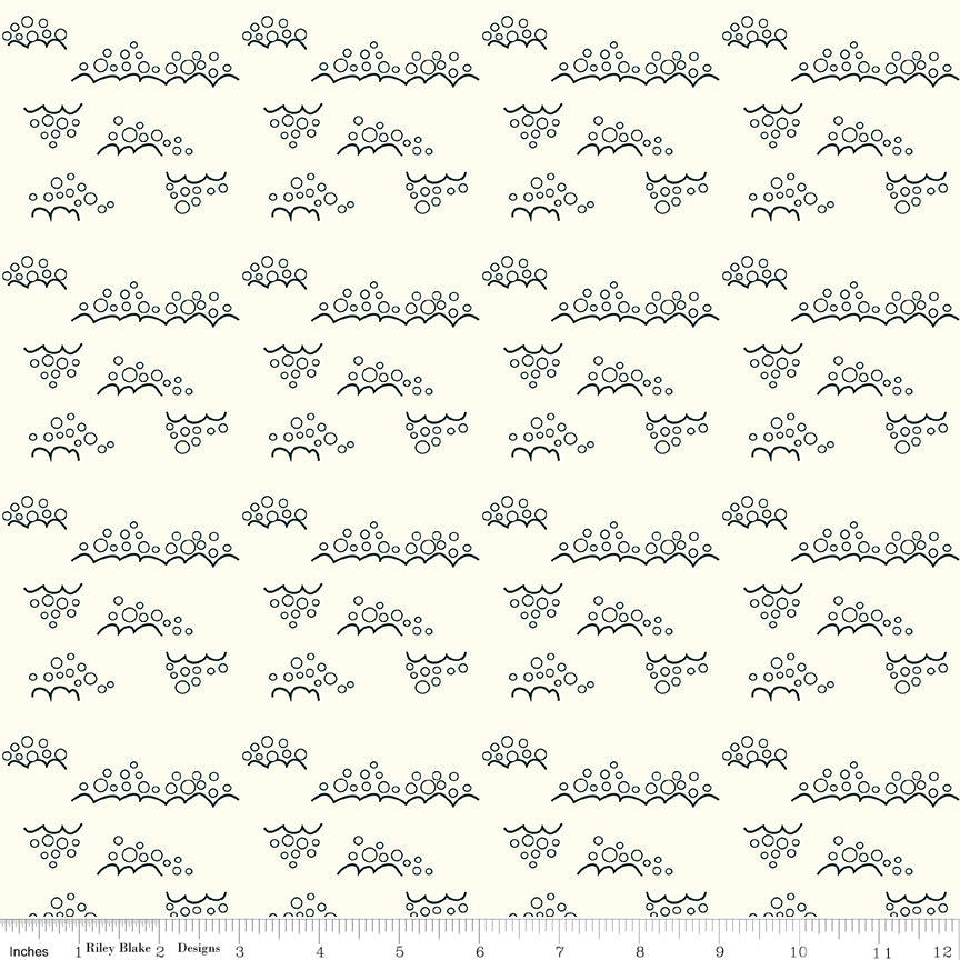 Cotton quilting fabric pattern called 'Snowballs in Cream'. Part of the 'Christmas is in Town' fabric collection. Designed by Sandy Gervais for fabric company Riley Blake. SKU: C14749-CREAM. 44-45 inch width.