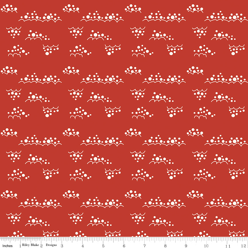 Cotton quilting fabric pattern called 'Snowballs in Red'. Part of the 'Christmas is in Town' fabric collection. Designed by Sandy Gervais for fabric company Riley Blake. SKU: C14749-RED. 44-45 inch width.