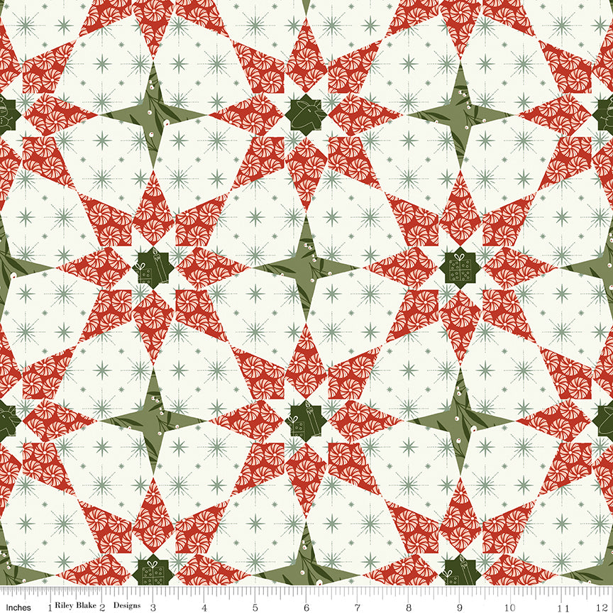 Cotton quilting fabric pattern called 'Cheater Print in Cream'. Part of the 'Christmas is in Town' fabric collection. Designed by Sandy Gervais for fabric company Riley Blake. SKU: C14752-CREAM. 44-45 inch width.