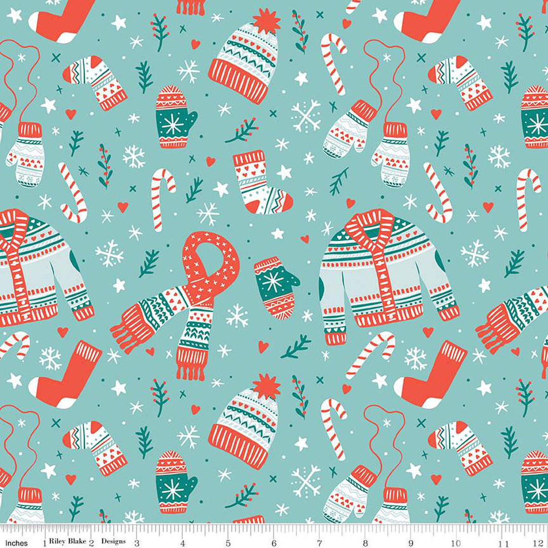 Cotton quilting fabric pattern called 'Main in Aqua'. Part of the 'Ski Hill' fabric collection. Designed by Corinne Wells for fabric company Riley Blake. SKU: C14770-AQUA. 44-45 inch width.